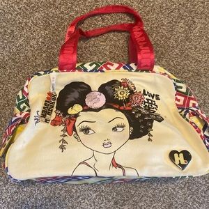 Harajuku Lovers Cream Tote with Multicolor Trim and Red Handles